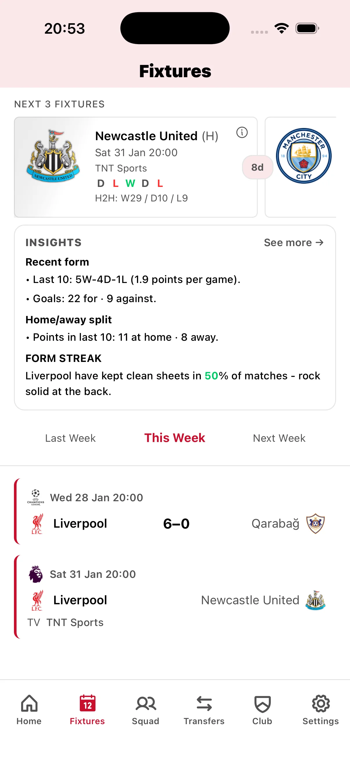 Liverpool fixture calendar showing Premier League matches, kickoff times, and TV broadcast schedules